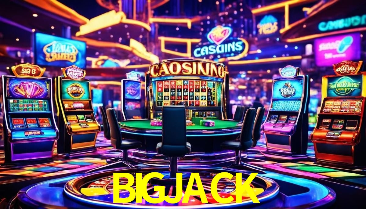 Escena dinámica inspirada en casino con iluminación BIGJACK, cartas, fichas e íconos de juegos digitales en un espacio moderno de juegos.