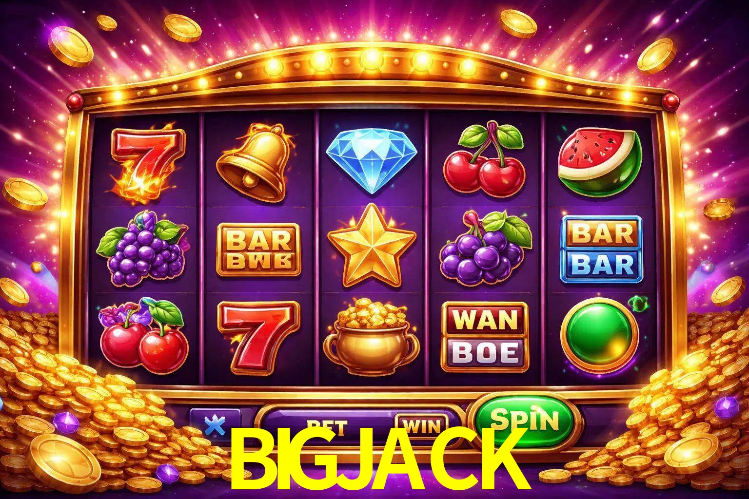 Una interfaz colorida de tragamonedas en línea con símbolos brillantes, monedas y un efecto de victoria celebratoria en BIGJACK.